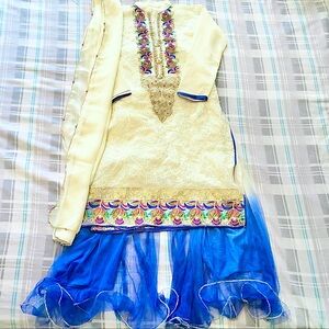 Pakistani Fancy Outfit 3 Piece Embroidered Chiffon Kurta, Dupatta & Net Sharara